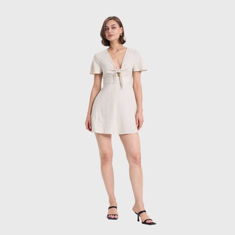 Vestido Mujer Lino Corto Aplicación Beige Fashions Park-3
