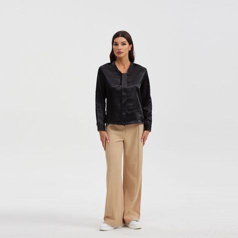 Blusa Aplicación Lazo Manga Negro Mujer-3