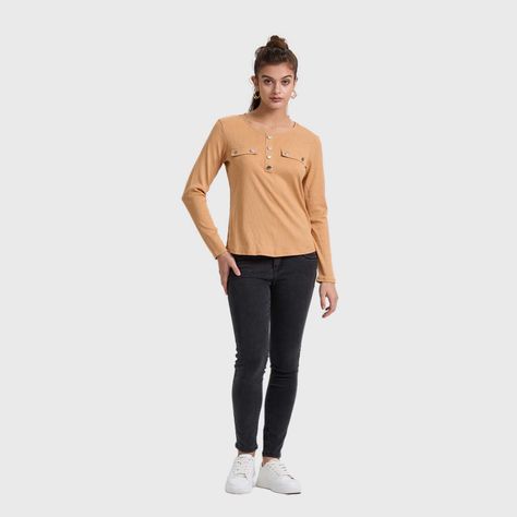 Polera Mujer Pata Botón Rib Liso Camel Fashion's Park-3