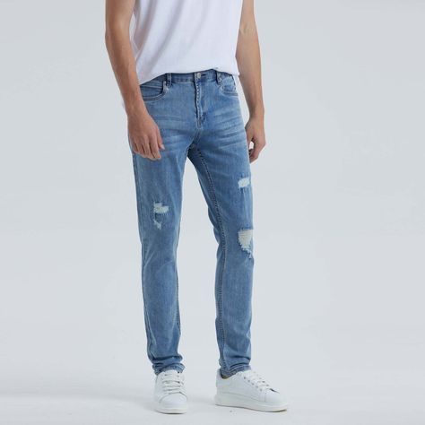 Jeans Hombre Skinny Roturas Azul Claro-1