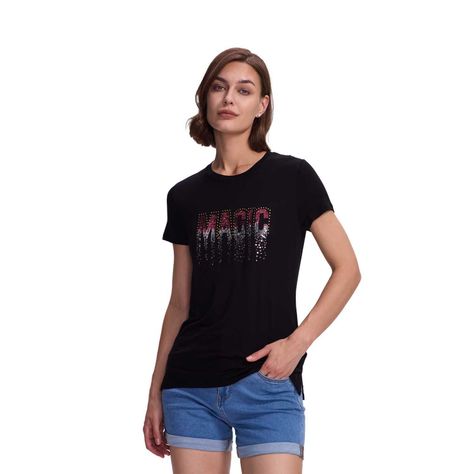 Polera Mujer Estamado Con Aplicación Negro / Fucsia FSP-0