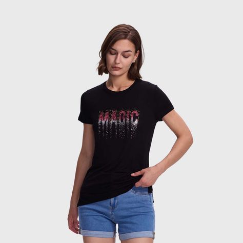 Polera Mujer Estamado Con Aplicación Negro / Fucsia FSP-1