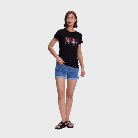 Polera Mujer Estamado Con Aplicación Negro / Fucsia FSP-3