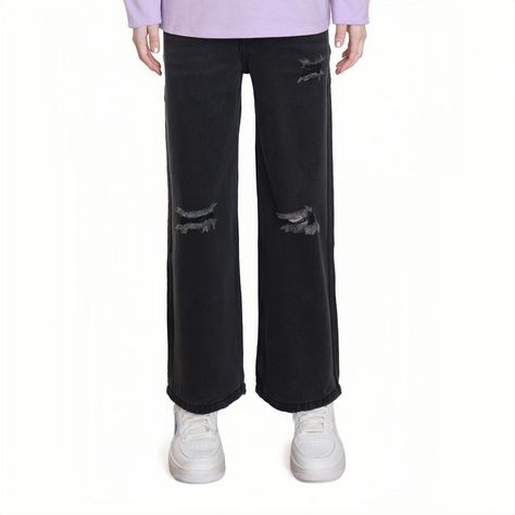 Jeans Niña Wide Leg Roturas Negro-0