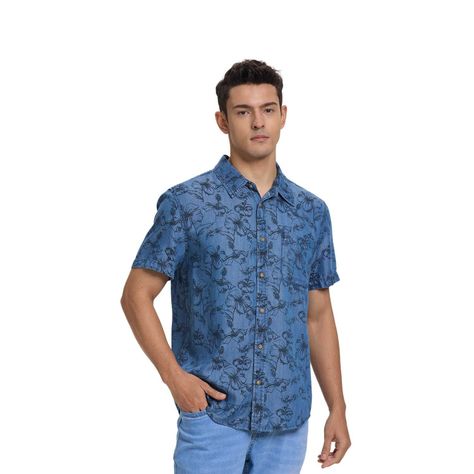 Camisa Hombre Denim Slim Floreada Azul Fashion's Park-0