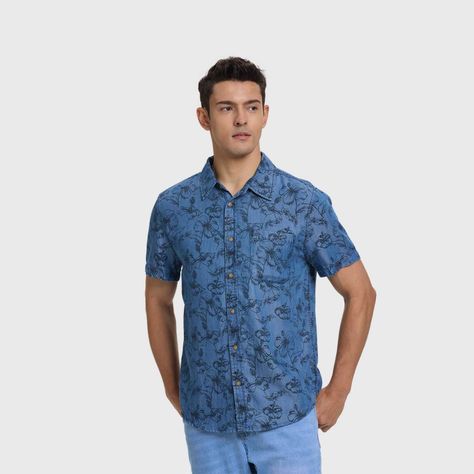 Camisa Hombre Denim Slim Floreada Azul Fashion's Park-1