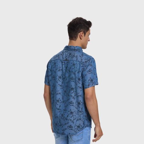 Camisa Hombre Denim Slim Floreada Azul Fashion's Park-2