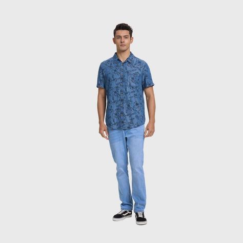 Camisa Hombre Denim Slim Floreada Azul Fashion's Park-3