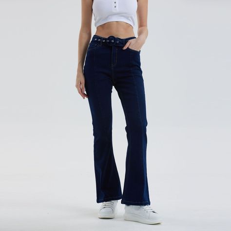 Jeans Mujer Flare Cinturón Azul Oscuro Fashion´s Park-0