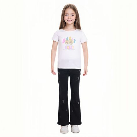 Jeans Niña Flare Estampado Y Liso Negro-2