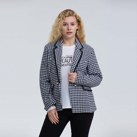Blazer Mujer Pied De Poule Con Solapa Negro-1