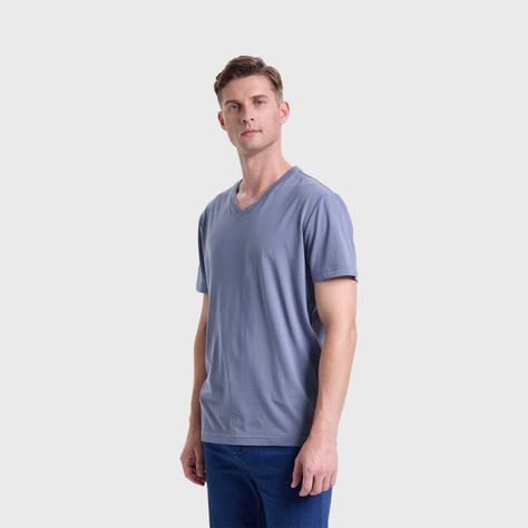 Polera Hombre Cuello V Básica Azul Piedra Fashion's Park-1