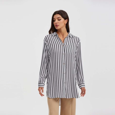 Blusa Mujer Larga Con Botón Negro / Blanco-0