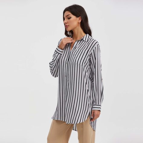 Blusa Mujer Larga Con Botón Negro / Blanco-1