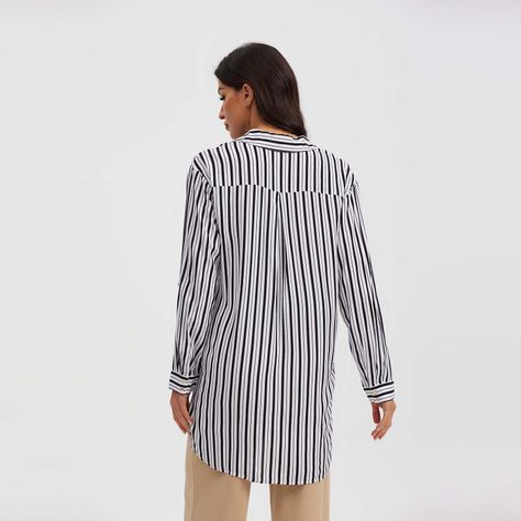 Blusa Mujer Larga Con Botón Negro / Blanco-2