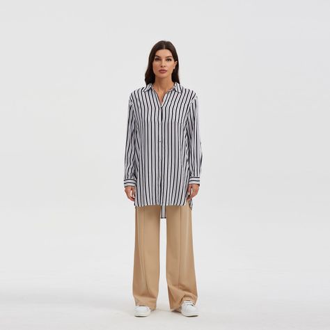 Blusa Mujer Larga Con Botón Negro / Blanco-3