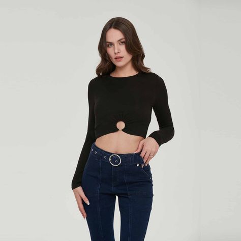 Polera Mujer Cropped Frunces Negro-0
