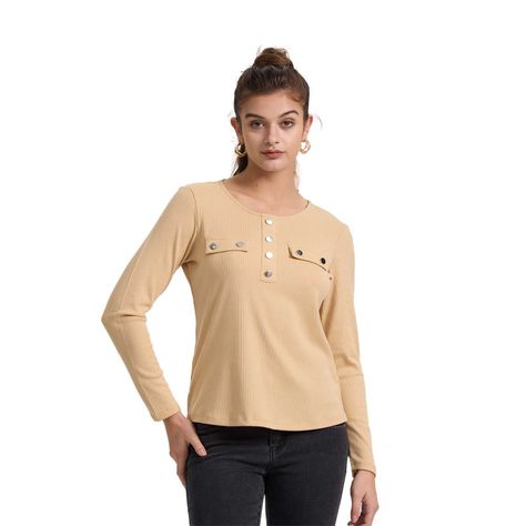 Polera Mujer Pata Botón Rib Liso Arena Fashion's Park-0