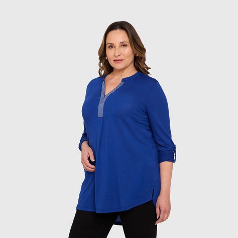 Polera Mujer Lisa Manga Roll Up Azul Fashion's Park-1