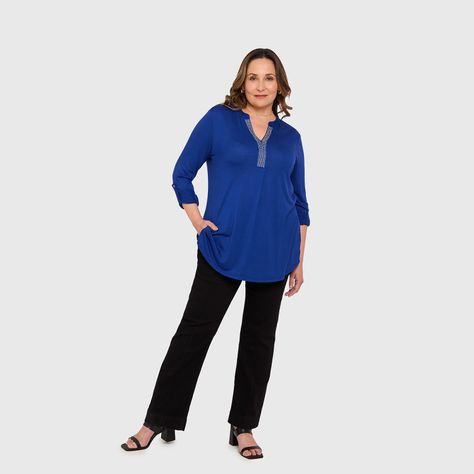 Polera Mujer Lisa Manga Roll Up Azul Fashion's Park-3