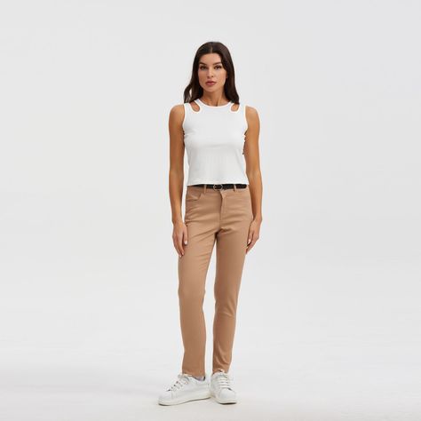 Pantalón Gabardina Con Cinturón Beige Mujer-3