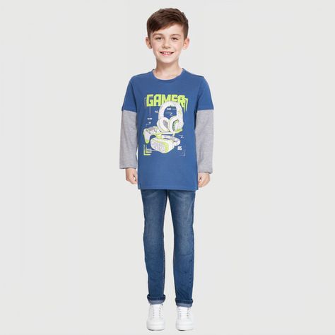 Polera Niño Doble Manga Básica Azul Petroleo-2