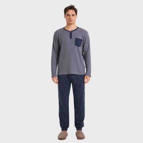 Pijama Hombre Con Pata Y Botón Azul-3