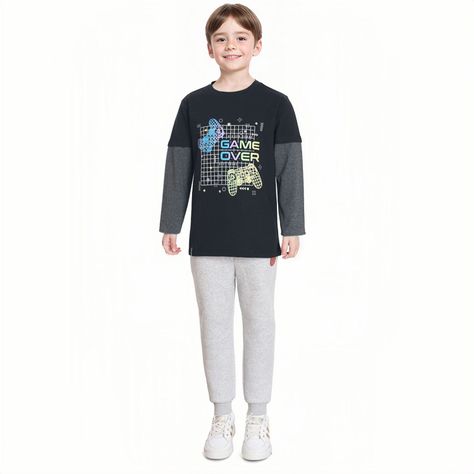 Polera Niño Doble Manga Básica Negro / Verde-2