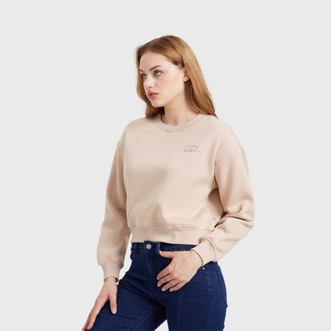 Polerón Mujer Cropped Bordado Beige-1