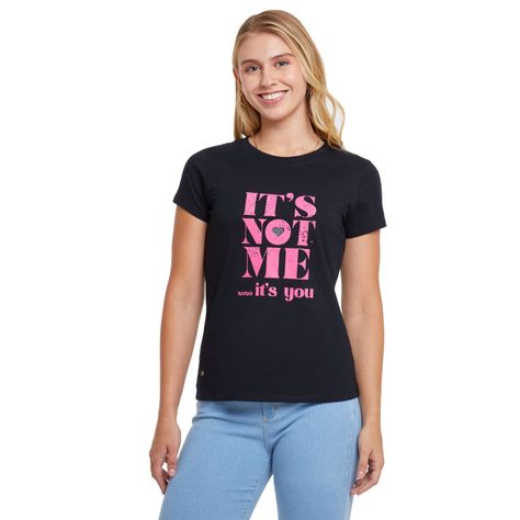 Polera Básica Print Negro / Fucsia Mujer-0