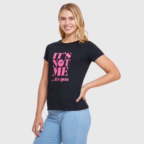 Polera Básica Print Negro / Fucsia Mujer-1