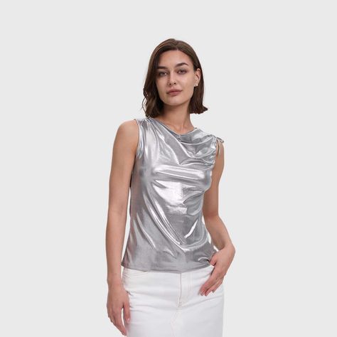 Polera Mujer Con Drapeado Brillante Plateado Fashion's Park-1