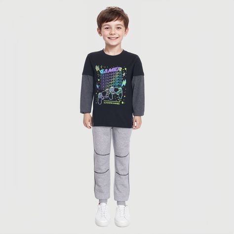 Polera Niño Básica Doble Manga Negro-2