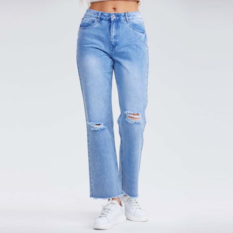 Jeans Recto Roturas Azul Claro Mujer-0