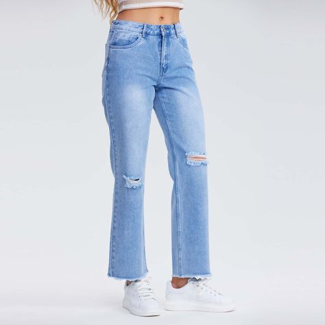 Jeans Recto Roturas Azul Claro Mujer-1