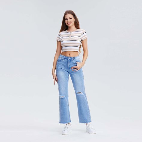 Jeans Recto Roturas Azul Claro Mujer-3