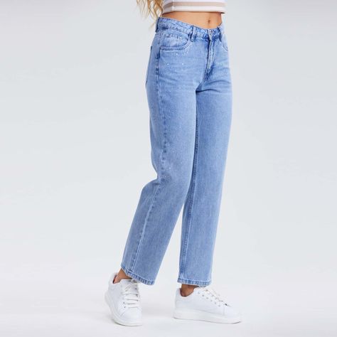 Jeans Mujer Recto Strass Azul Claro-1