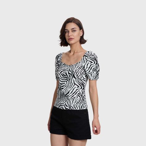 Blusa Mujer Manga Globo Panal Espalda Blanco / Negro-1