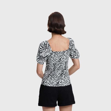Blusa Mujer Manga Globo Panal Espalda Blanco / Negro-2