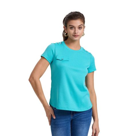 Polera Mujer Rib Lisa Botones Turquesa Fashion's Park-0