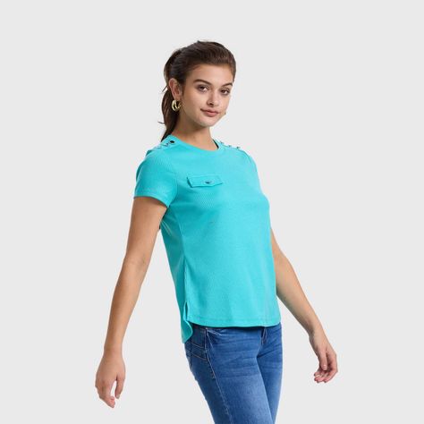 Polera Mujer Rib Lisa Botones Turquesa Fashion's Park-1