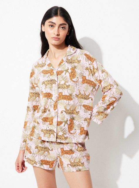 Pijama Camisero Manga Larga Pantalón Corto Printeado-0