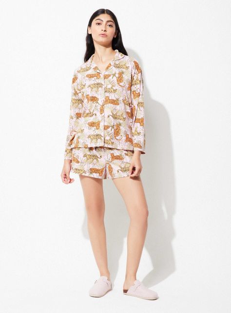 Pijama Camisero Manga Larga Pantalón Corto Printeado-4