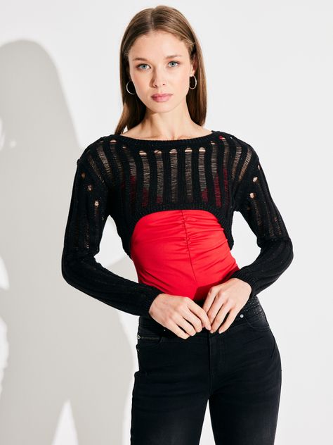 Sweater Manguito Corto Tejido Calado con Lurex-0