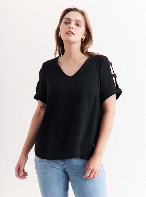 Blusa Cuello V con Tiritas en Mangas-0