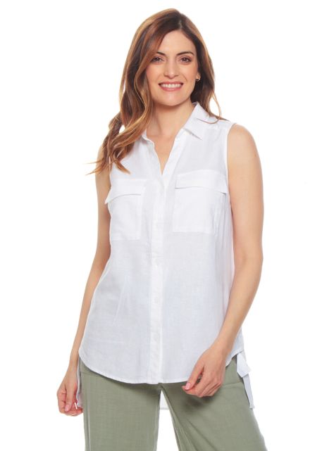 Blusa Lino sin Manga Sólida Cuello Camisero Bolsillos-0