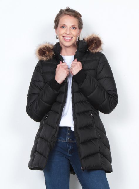 Parka Manga Larga con Piel en Capucha y Bolsillos-0