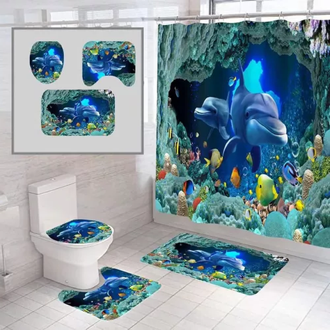 Cortina De Ducha + Set De Alfombra + Tapete Baño Delfines-1