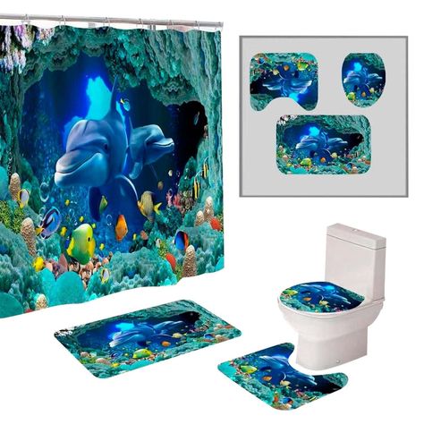 Cortina De Ducha + Set De Alfombra + Tapete Baño Delfines-0