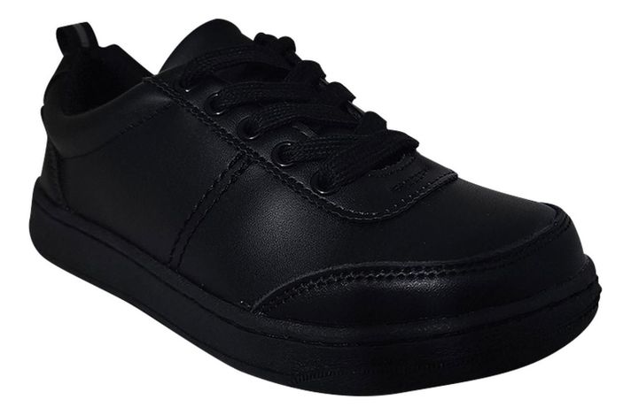 Zapatilla Juvenil Negra De Cuero Temporada Escolar Negro7500-2